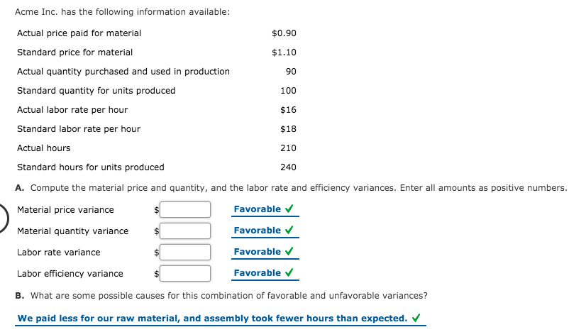 Acme Inc. has the following information available:
Actual price paid for material
$0.90
Standard price for material
$1.10
Actual quantity purchased and used in production
90
Standard quantity for units produced
100
Actual labor rate per hour
$16
Standard labor rate per hour
$18
Actual hours
210
Standard hours for units produced
240
A. Compute the material price and quantity, and the labor rate and efficiency variances. Enter all amounts as positive numbers.
Material price variance
Favorable v
Material quantity variance
Favorable v
Labor rate variance
Favorable
Labor efficiency variance
Favorable v
B. What are some possible causes for this combination of favorable and unfavorable variances?
We paid less for our raw material, and assembly took fewer hours than expected.
