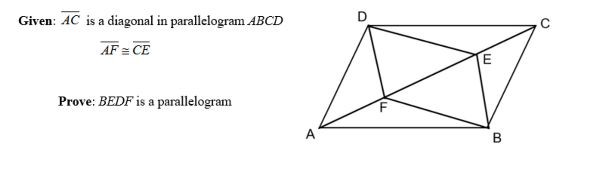 Given: AC is a diagonal in parallelogram ABCD
D
AF = CE
Prove: BEDF is a parallelogram
A
B
