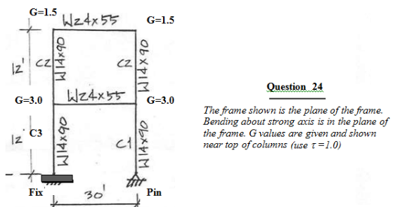 G=1.5
Wz4x55
G=1.5
Iz' czI
CZ
Question 24
Wz4x55
G=3.0
G=3.0
The frame shown is the plane of the frame.
Bending about strong axis is in the plane of
the frame. G values are given and shown
near top of columns (use t=1.0)
C3
Iz
Fix
30
Pin
O6×ヤIM
OBメIM
WI4x90
