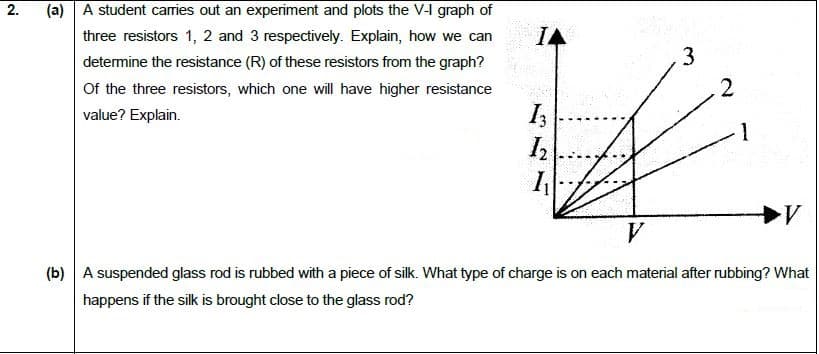 (a) A student cames out an expenment and plots the V-I graph of
three resistors 1, 2 and 3 respectively. Explain, how we can
determine the resistance (R) of these resistors from the graph?
Of the three resistors, which one will have higher resistance
value? Explain.
IA
3
I,
(b) A suspended glass rod is rubbed with a piece of silk. What type of charge is on each material after rubbing? What
happens if the silk is brought close to the glass rod?
