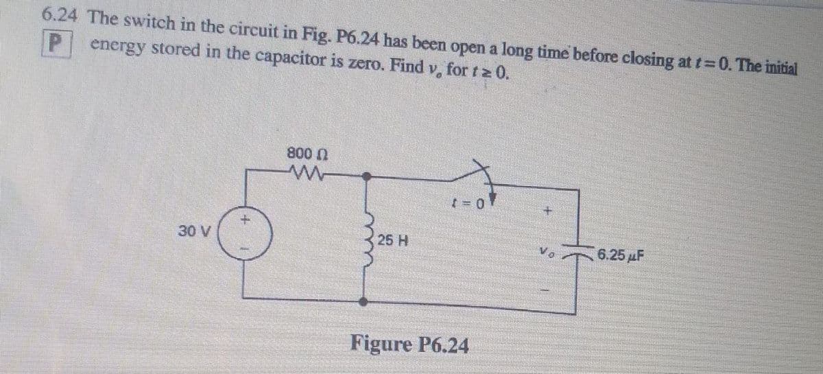 6.24 The switch in the circuit in Fig. P6.24 has been open a long time before closing at t= 0. The initial
P energy stored in the capacitor is zero. Find v, for t≥ 0.
800 N
M
t=0
30 V
6.25 μF
+
25 H
Figure P6.24