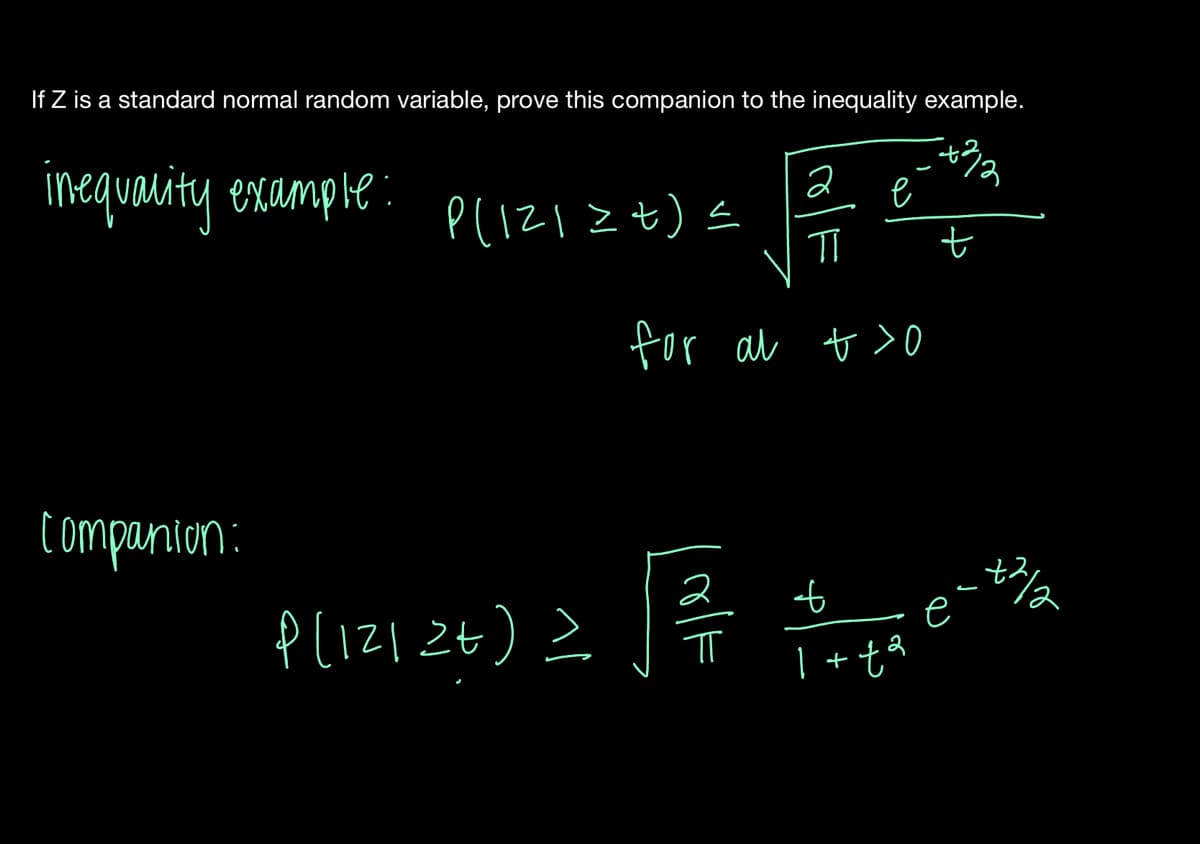 If Z is a standard normal random variable, prove this companion to the inequality example.
inequality example: pli21 ==)=
Companion:
2
ㅠ
e
for at t>o
P[1212+) = √3/7 + +4e-²²₂