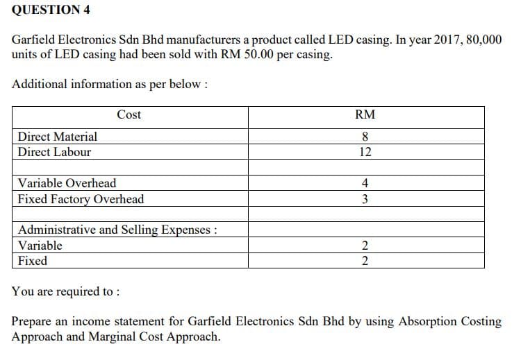 QUESTION 4
Garfield Electronics Sdn Bhd manufacturers a product called LED casing. In year 2017, 80,000
units of LED casing had been sold with RM 50.00 per casing.
Additional information as per below:
Cost
RM
Direct Material
8
Direct Labour
12
Variable Overhead
4
Fixed Factory Overhead
3
Administrative and Selling Expenses :
Variable
2
Fixed
2
You are required to :
Prepare an income statement for Garfield Electronics Sdn Bhd by using Absorption Costing
Approach and Marginal Cost Approach.