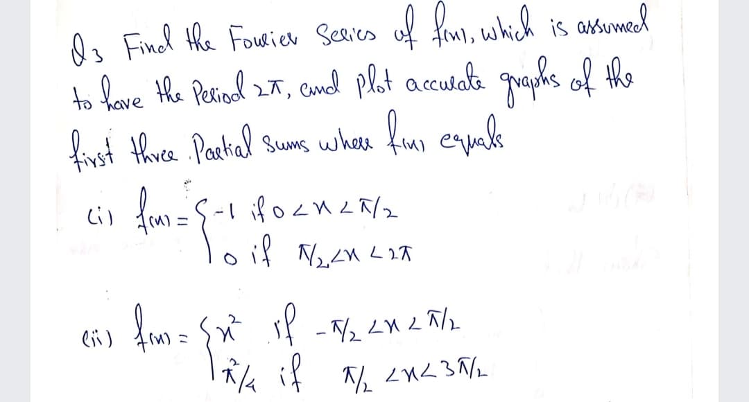 Qs Findl the Foueier Seaies of frmi, which is assumed
to lave the Perial 27, cnd plot acculata qraphs of the
finst three Parkal Sums where fmo equals
ニ
loif NenLI
if
