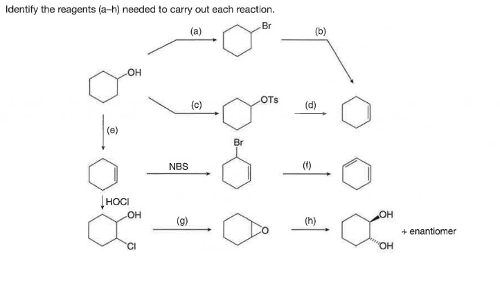 Identify the reagents (a-h) needed to carry out each reaction.
Br
(a)
(b)
HO
OTS
(c)
(d)
(e)
Br
NBS
(f)
|HOCI
HO
OH
(g)
(h)
+ enantiomer
