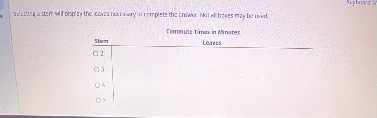 V
Selecting a stem will display the leaves necessary to complete the answer. Not all boxes may be used.
Stem
02
03
05
Commute Times in Minutes
Leaves
Keyboard Sh