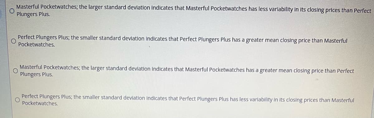 0
Masterful Pocketwatches; the larger standard deviation indicates that Masterful Pocketwatches has less variability in its closing prices than Perfect
Plungers Plus.
O
Perfect Plungers Plus; the smaller standard deviation indicates that Perfect Plungers Plus has a greater mean closing price than Masterful
Pocketwatches.
O
Masterful Pocketwatches; the larger standard deviation indicates that Masterful Pocketwatches has a greater mean closing price than Perfect
Plungers Plus.
O
Perfect Plungers Plus; the smaller standard deviation indicates that Perfect Plungers Plus has less variability in its closing prices than Masterful
Pocketwatches.