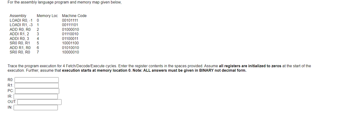 For the assembly language program and memory map given below,
Assembly
LOADI RO, -1
Memory Loc Machine Code
00101111
LOADI R1, -3
1
00111101
ADD RO, RO
ADDI R1, 2
ADDI RO, 3
SRO RO, R1
ADD R1, RO
7
01000010
3
01110010
01100011
10001100
4
01010010
10000010
SRO RO, RO
Trace the program execution for 4 Fetch/Decode/Execute cycles. Enter the register contents in the spaces provided. Assume all registers are initialized to zeros at the start of the
execution. Further, assume that execution starts at memory location 0. Note: ALL answers must be given in BINARY not decimal form.
RO:
R1:
PC:
IR:
OUT:
IN:

