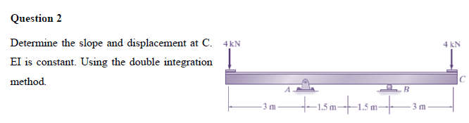 Question 2
Determine the slope and displacement at C. 4KN
4 kN
El is constant. Using the double integration
method.
B
- 3 m
3 m
