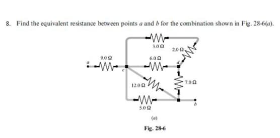 Find the equivalent resistance between points a and b for the combination shown in Fig. 28-6(a).
3.00
2.00,
9.00
6.0 2
7.00
12.00
-W-
5.02
(a)
