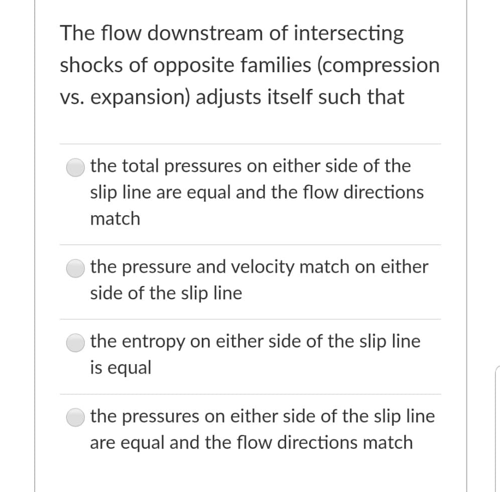 The flow downstream of intersecting
shocks of opposite families (compression
vs. expansion) adjusts itself such that
the total pressures on either side of the
slip line are equal and the flow directions
match
the pressure and velocity match on either
side of the slip line
the entropy on either side of the slip line
is equal
the pressures on either side of the slip line
are equal and the flow directions match
