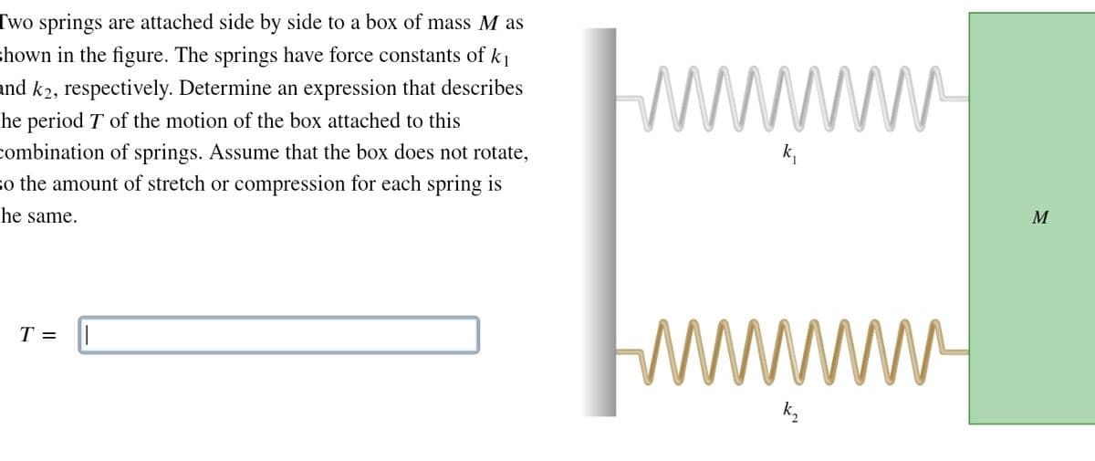 Two springs are attached side by side to a box of mass M as
shown in the figure. The springs have force constants of k₁
and k2, respectively. Determine an expression that describes
he period T of the motion of the box attached to this
combination of springs. Assume that the box does not rotate,
so the amount of stretch or compression for each spring is
the same.
wwwwwwww
k₁
T =
миши
k₂
M