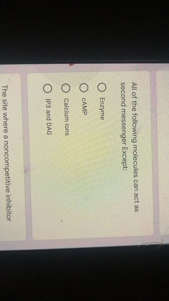 All of the following molecules can act as
second messenger Except:
O Enzyme
O CAMP
O Calcium ions
OIP3 and DAG
The site where a noncompetitive inhibitor