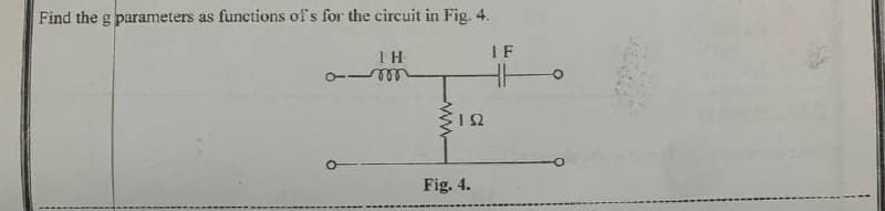 Find the g parameters as
functions of s for the circuit in Fig. 4.
1H
1F
Fig. 4.
