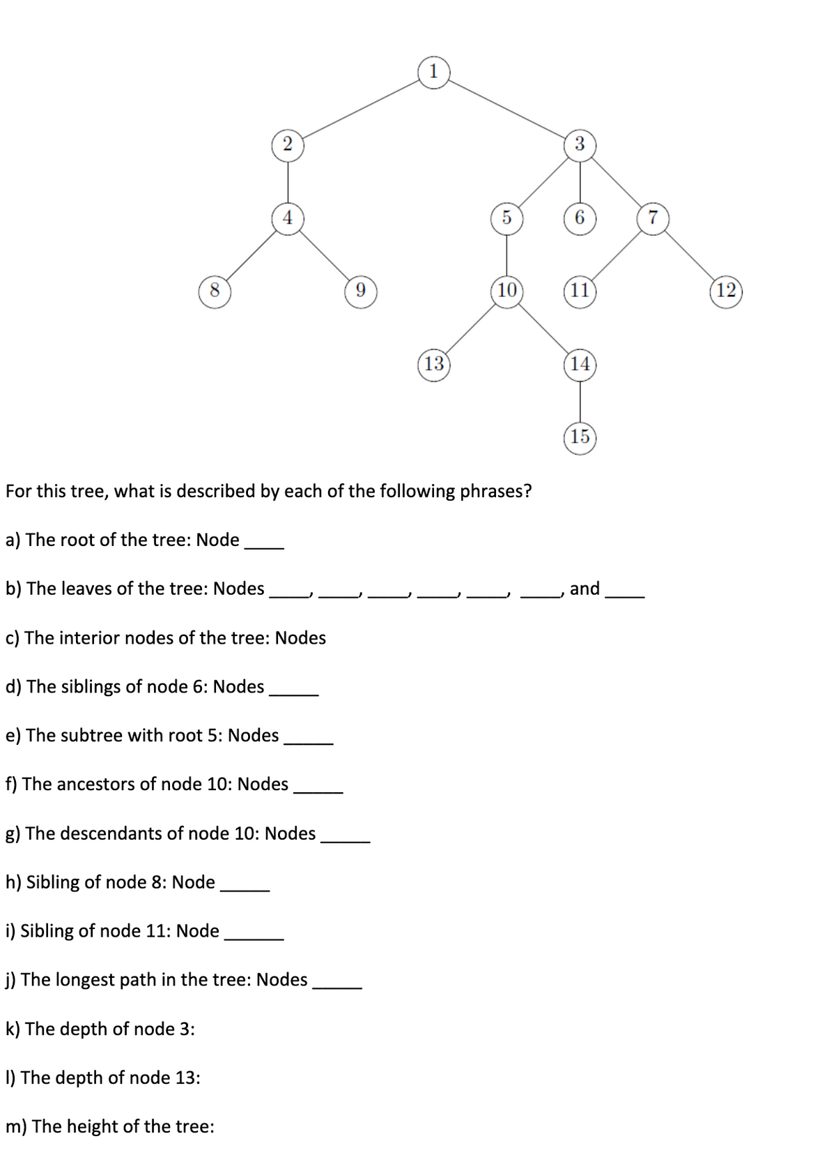 8
b) The leaves of the tree: Nodes
2
4
c) The interior nodes of the tree: Nodes
d) The siblings of node 6: Nodes
e) The subtree with root 5: Nodes
f) The ancestors of node 10: Nodes
g) The descendants of node 10: Nodes
m) The height of the tree:
For this tree, what is described by each of the following phrases?
a) The root of the tree: Node
h) Sibling of node 8: Node
i) Sibling of node 11: Node
j) The longest path in the tree: Nodes
k) The depth of node 3:
I) The depth of node 13:
9
1
13
5
10
6
11
(14)
(15
and
(12