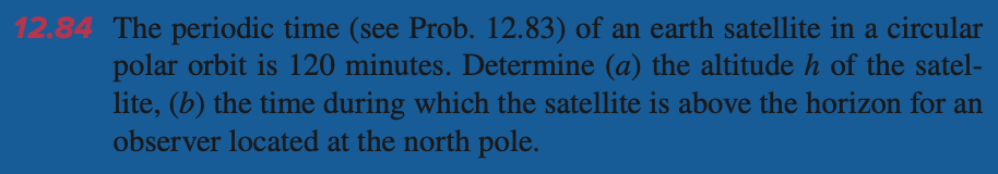 12.84 The periodic time (see Prob. 12.83) of an earth satellite in a circular
polar orbit is 120 minutes. Determine (a) the altitude h of the satel-
lite, (b) the time during which the satellite is above the horizon for an
observer located at the north pole.