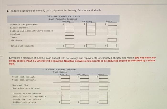 tes
b. Prepare a schedule of monthly cash payments for January, February and March.
Jin Daniels Health Products
Cash Payments Schedule
Payments for purchases
Labour expense
Selling and administrative expense
Overhead
Taxes
Dividends
Total cash payments
Total cash receipts
Total cash payments
Net cash flow
Beginning cash balance.
January
$
c. Prepare a schedule of monthly cash budget with borrowings and repayments for January, February and March. (Do not leave any
empty spaces; input a 0 wherever it is required. Negative answers and amounts to be deducted should be indicated by a minus
sign.)
Jim Daniels Health Products
Cash Budget
January
$
Cumulative cash balance i
Monthly loan or (repayment)
Cumulative loan balance
Ending cash balance
February
$
February
$
March
$
March
$