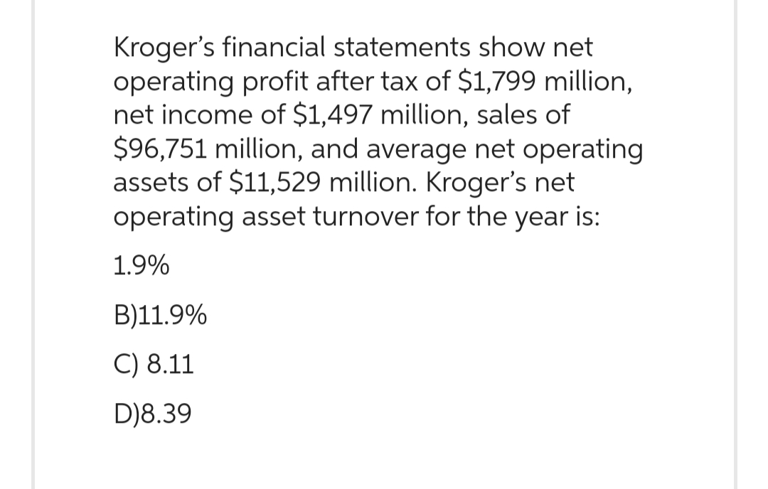 Kroger's financial statements show net
operating profit after tax of $1,799 million,
net income of $1,497 million, sales of
$96,751 million, and average net operating
assets of $11,529 million. Kroger's net
operating asset turnover for the year is:
1.9%
B)11.9%
C) 8.11
D)8.39