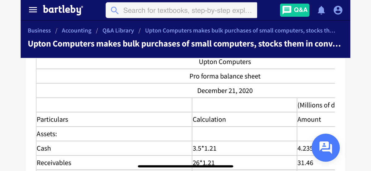 = bartleby
Search for textbooks, step-by-step expl...
Q&A
Business / Accounting / Q&A Library / Upton Computers makes bulk purchases of small computers, stocks th...
Upton Computers makes bulk purchases of small computers, stocks them in conv...
Upton Computers
Pro forma balance sheet
December 21, 2020
(Millions of d
Particulars
Calculation
Amount
Assets:
4.235 A
四
Cash
3.5*1.21
Receivables
26*1.21
31.46
