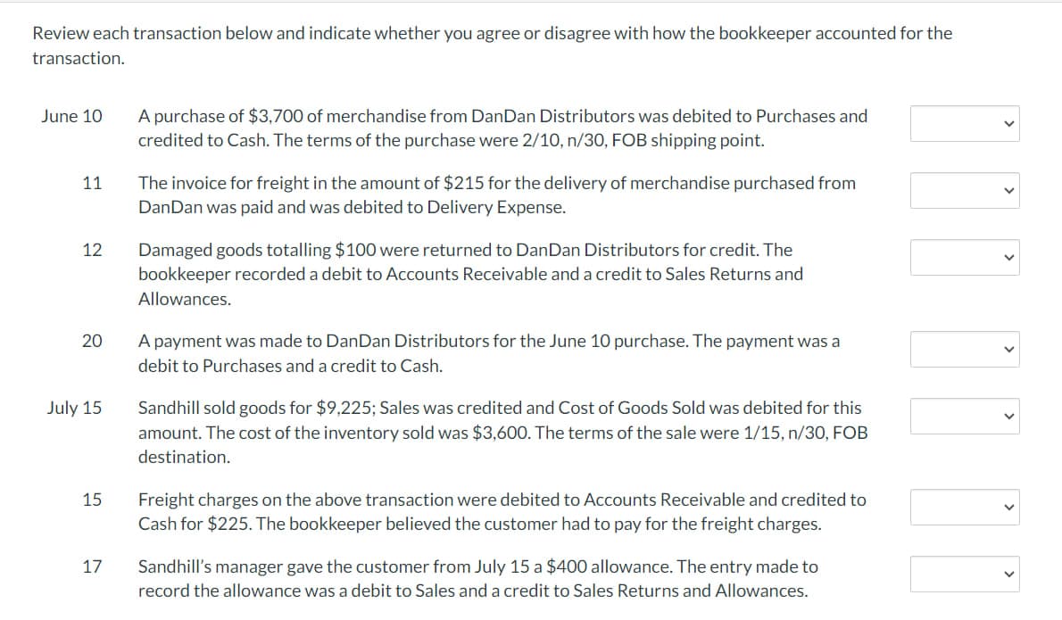 Review each transaction below and indicate whether you agree or disagree with how the bookkeeper accounted for the
transaction.
June 10
11
12
20
July 15
15
17
A purchase of $3,700 of merchandise from Dan Dan Distributors was debited to Purchases and
credited to Cash. The terms of the purchase were 2/10, n/30, FOB shipping point.
The invoice for freight in the amount of $215 for the delivery of merchandise purchased from
DanDan was paid and was debited to Delivery Expense.
Damaged goods totalling $100 were returned to Dan Dan Distributors for credit. The
bookkeeper recorded a debit to Accounts Receivable and a credit to Sales Returns and
Allowances.
A payment was made to DanDan Distributors for the June 10 purchase. The payment was a
debit to Purchases and a credit to Cash.
Sandhill sold goods for $9,225; Sales was credited and Cost of Goods Sold was debited for this
amount. The cost of the inventory sold was $3,600. The terms of the sale were 1/15, n/30, FOB
destination.
Freight charges on the above transaction were debited to Accounts Receivable and credited to
Cash for $225. The bookkeeper believed the customer had to pay for the freight charges.
Sandhill's manager gave the customer from July 15 a $400 allowance. The entry made to
record the allowance was a debit to Sales and a credit to Sales Returns and Allowances.