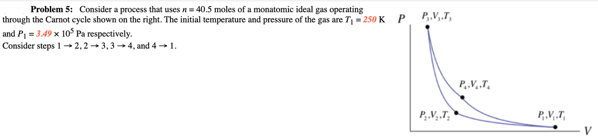 Problem 5: Consider a process that uses n = 40.5 moles of a monatomic ideal gas operating
through the Carnot cycle shown on the right. The initial temperature and pressure of the gas are T₁ = 250 K
and P₁ = 3.49 x 105 Pa respectively.
Consider steps 12,23,34, and 4 → 1.
P
P₁,V,,T,
P₁.V..T
P.V..T
P₁.V₁.T
- V