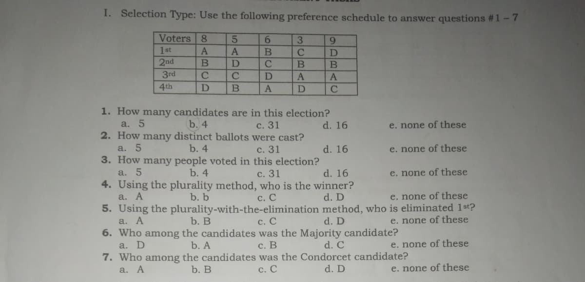 I. Selection Type: Use the following preference schedule to answer questions # 1-7
Voters 8
3
9.
1st
2nd
3rd
A
4th
D
A
C
1. How many candidates are in this election?
a. 5
b. 4
с. 31
d. 16
e. none of these
2. How many distinct ballots were cast?
a. 5
b. 4
с. 31
d. 16
e. none of these
3. How many people voted in this election?
a. 5
4. Using the plurality method, who is the winner?
a. A
b. 4
с. 31
d. 16
e. none of these
с. С
5. Using the plurality-with-the-elimination method, who is eliminated 1st?
с. С
6. Who among the candidates was the Majority candidate?
с. В
7. Who among the candidates was the Condorcet candidate?
С. С
b. b
d. D
e. none of these
a. A
b. В
d. D
e. none of these
a. D
b. A
d. C
e. none of these
а. А
b. В
d. D
e. none of these
