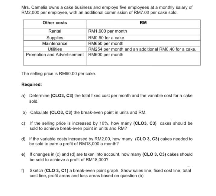 Mrs. Camelia owns a cake business and employs five employees at a monthly salary of
RM2,000 per employee, with an additional commission of RM7.00 per cake sold.
Other costs
RM
Rental
RM1,600 per month
Supplies
RM0.60 for a cake
RM650 per month
RM254 per month and an additional RM0.40 for a cake.
Maintenance
Utilities
Promotion and Advertisement RM600 per month
The selling price is RM60.00 per cake.
Required:
a) Determine (CLO3, C3) the total fixed cost per month and the variable cost for a cake
sold.
b) Calculate (CLO3, C3) the break-even point in units and RM.
c) If the selling price is increased by 10%, how many (CLO3, C3) cakes should be
sold to achieve break-even point in units and RM?
d) If the variable costs increased by RM2.00, how many (CLO 3, C3) cakes needed to
be sold to earn a profit of RM18,000 a month?
e) If changes in (c) and (d) are taken into account, how many (CLO 3, C3) cakes should
be sold to achieve a profit of RM18,000?
f) Sketch (CLO 3, C1) a break-even point graph. Show sales line, fixed cost line, total
cost line, profit areas and loss areas based on question (b)
