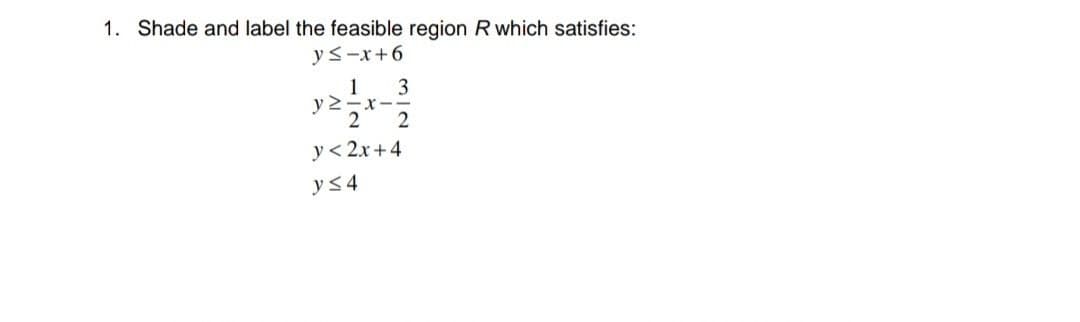 1. Shade and label the feasible region R which satisfies:
y<-x+6
1 3
y 2-x--
2
y< 2x+4
y54
