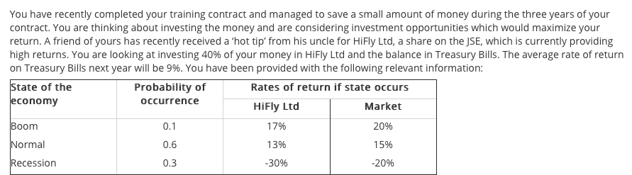 You have recently completed your training contract and managed to save a small amount of money during the three years of your
contract. You are thinking about investing the money and are considering investment opportunities which would maximize your
return. A friend of yours has recently received a 'hot tip' from his uncle for HiFly Ltd, a share on the JSE, which is currently providing
high returns. You are looking at investing 40% of your money in HiFly Ltd and the balance in Treasury Bills. The average rate of return
on Treasury Bills next year will be 9%. You have been provided with the following relevant information:
State of the
economy
Probability of
Rates of return if state occurs
occurrence
HİFly Ltd
Market
Boom
0.1
17%
20%
Normal
0.6
13%
15%
Recession
0.3
-30%
-20%
