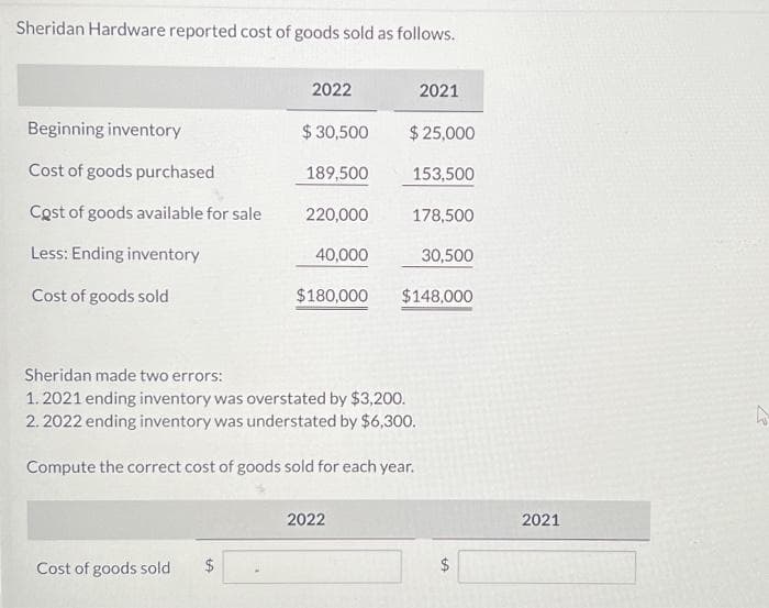 Sheridan Hardware reported cost of goods sold as follows.
Beginning inventory
Cost of goods purchased
Cost of goods available for sale
Less: Ending inventory
Cost of goods sold
2022
Cost of goods sold $
$ 30,500
189,500
220,000
40,000
$180,000
Sheridan made two errors:
1.2021 ending inventory was overstated by $3,200.
2.2022 ending inventory was understated by $6,300.
Compute the correct cost of goods sold for each year.
2022
2021
$ 25,000
153,500
178,500
30,500
$148,000
$
2021