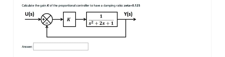 Calculate the gain K of the proportional controller to have a damping ratio: zeta=0.125
U(s)
Y(s)
Answer:
K
1
s² + 2s + 1