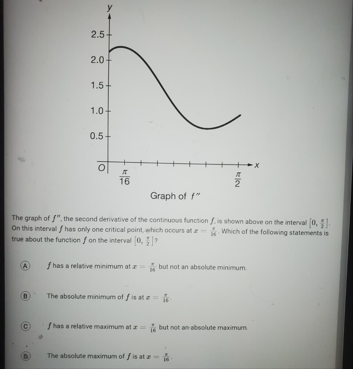 (Α
B
C
D
y
2.5-
2.0-
1.5-
1.0
0.5-
T
16
The graph of f", the second derivative of the continuous function f, is shown above on the interval [0,1].
On this interval f has only one critical point, which occurs at x = Which of the following statements is
true about the function f on the interval [0, 1]?
πT
16
Graph of f"
f has a relative minimum at a
16
The absolute minimum of f is at x =
RIN
but not an absolute minimum.
TT
16-
f has a relative maximum at x = 16 but not an absolute maximum.
The absolute maximum of f is at x = 16
TT
X