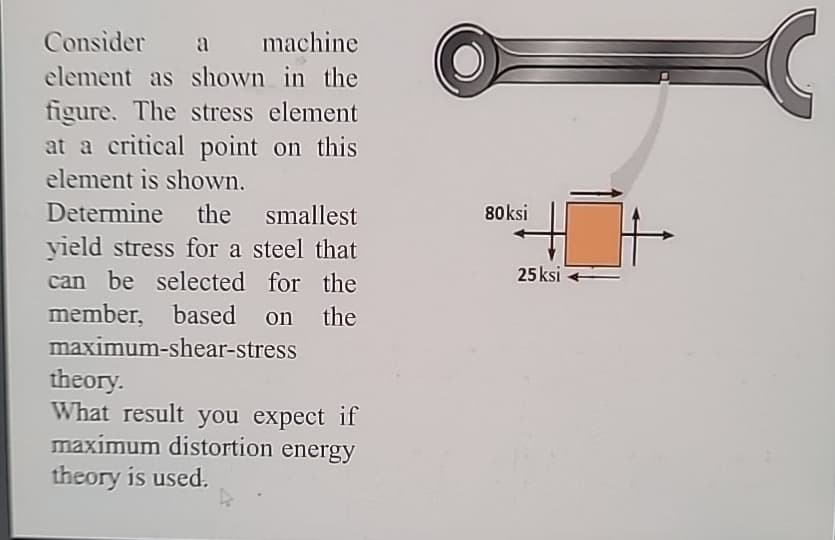 Consider a machine
element as shown in the
figure. The stress element
at a critical point on this
element is shown.
Determine the smallest
yield stress for a steel that
can be selected for the
member, based on the
maximum-shear-stress
theory.
What result you expect if
maximum distortion energy
theory is used.
80ksi
25 ksi