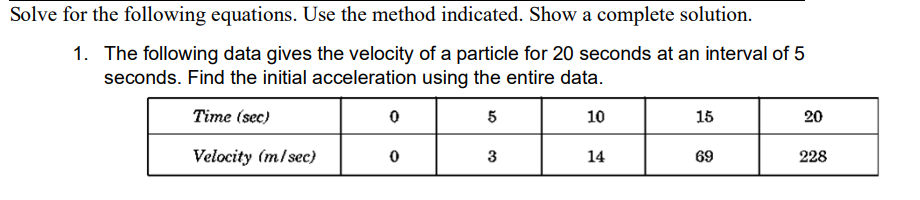 Solve for the following equations. Use the method indicated. Show a complete solution.
1. The following data gives the velocity of a particle for 20 seconds at an interval of 5
seconds. Find the initial acceleration using the entire data.
Time (sec)
5
10
15
20
Velocity (m/sec)
3
14
69
228
