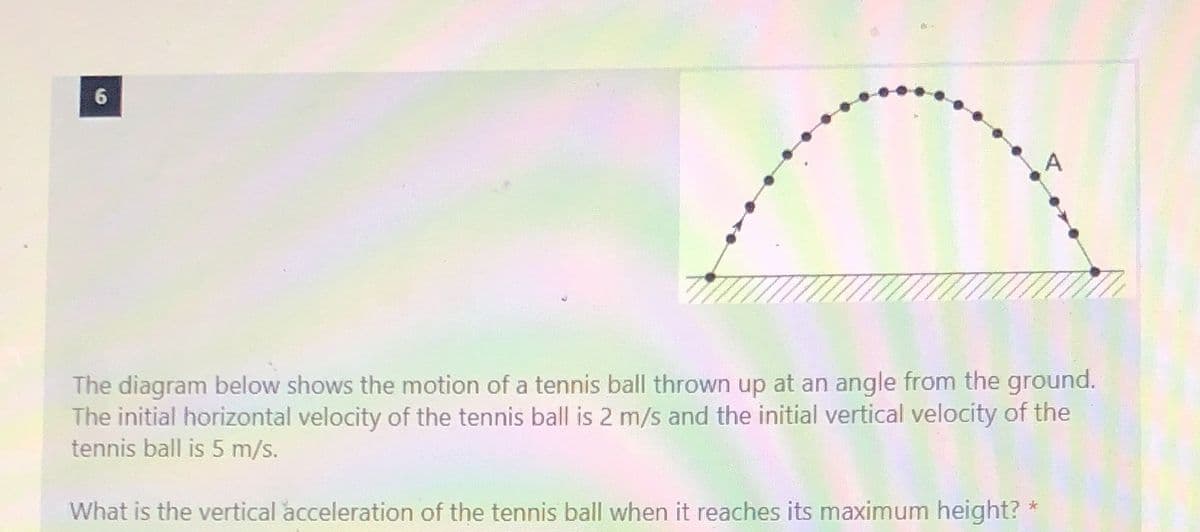 The diagram below shows the motion of a tennis ball thrown up at an angle from the ground.
The initial horizontal velocity of the tennis ball is 2 m/s and the initial vertical velocity of the
tennis ball is 5 m/s.
What is the vertical acceleration of the tennis ball when it reaches its maximum height?
