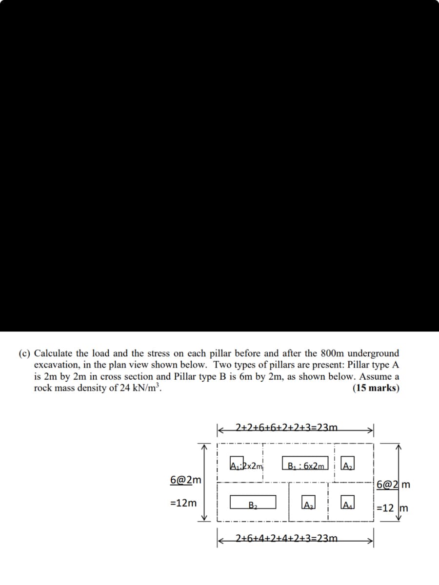 (c) Calculate the load and the stress on each pillar before and after the 800m underground
excavation, in the plan view shown below. Two types of pillars are present: Pillar type A
is 2m by 2m in cross section and Pillar type B is 6m by 2m, as shown below. Assume a
rock mass density of 24 kN/m³.
(15 marks)
2+2+6+6+2+2+3=23m
A₁:2x2m
B₁ 6x2m
6@2m
6@2 m
=12m
B₂
=12 m
k
2+6+4+2+4+2+3=23m