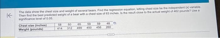 K
The data show the chest size and weight of several bears. Find the regression equation, letting chest size be the independent (x) variable.
Then find the best predicted weight of a bear with a chest size of 63 inches. Is the result close to the actual weight of 462 pounds? Use a
significance level of 0.05.
Chest size (inches)
Weight (pounds)
58
414
50
312
65 59
499 450
59
456
48 D
260
CITT