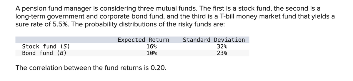 A pension fund manager is considering three mutual funds. The first is a stock fund, the second is a
long-term government and corporate bond fund, and the third is a T-bill money market fund that yields a
sure rate of 5.5%. The probability distributions of the risky funds are:
Expected Return
16%
10%
Stock fund (S)
Bond fund (B)
The correlation between the fund returns is 0.20.
Standard Deviation
32%
23%