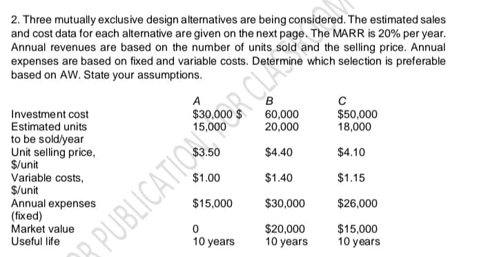 2. Three mutually exclusive design alternatives are being considered. The estimated sales
and cost data for each alternative are given on the next page. The MARR is 20% per year.
Annual revenues are based on the number of units sold and the selling price. Annual
expenses are based on fixed and variable costs. Determine which selection is preferable
based on AW. State your assumptions.
A
в
Investment cost
Estimated units
60,000
20,000
$50,000
18,000
CLA
to be sold/year
Unit selling price,
$/unit
Variable costs,
$/unit
Annual expenses
(fixed)
Market value
Useful life
$4.40
$4.10
$1.00
$1.40
$1.15
$15,000
$30,000
$26,000
$20,000
10 years
$15,000
10 years
B PUBLICATIO
10 years
