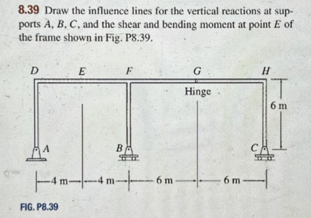 8.39 Draw the influence lines for the vertical reactions at sup-
ports A, B, C, and the shear and bending moment at point E of
the frame shown in Fig. P8.39.
D
-4 m-
FIG.P8.39
B
-4 m-
F
+
6 m
G
Hinge
H
6 m
T
T
6 m
41