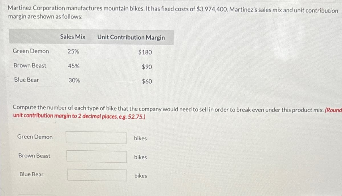 Martinez Corporation manufactures mountain bikes. It has fixed costs of $3,974,400. Martinez's sales mix and unit contribution
margin are shown as follows:
Sales Mix Unit Contribution Margin
Green Demon
25%
Brown Beast
45%
Blue Bear
30%
$180
$90
$60
Compute the number of each type of bike that the company would need to sell in order to break even under this product mix. (Round
unit contribution margin to 2 decimal places, e.g. 52.75.)
Green Demon
Brown Beast
Blue Bear
bikes
bikes
bikes