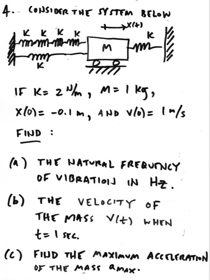 4.- CONSIDER THE SYSTENm BELOW
A 11 オ
M.
K
IF Ks Z "hm, M= I kg,
xl0)= -0.1 m, AND vlo)= Im/s
FIND :
(A) THE NATURAL FREQunNCY
OF VIBRATIOJ IN Hz.
(b) THE
THE MASS VIt) WHEN
VELOCITY OF
t=I sec.
(c) FIND THE MAXimum ACCELERATION
OF THE MASS amAx.

