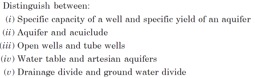 Distinguish between:
(i) Specific capacity of a well and specific yield of an aquifer
(ii) Aquifer and acuiclude
(iii) Open wells and tube wells
(iv) Water table and artesian aquifers
(v) Drainage divide and ground water divide