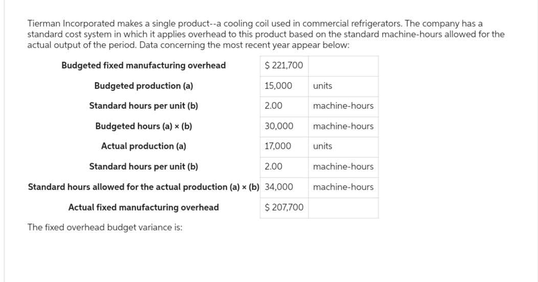 Tierman Incorporated makes a single product--a cooling coil used in commercial refrigerators. The company has a
standard cost system in which it applies overhead to this product based on the standard machine-hours allowed for the
actual output of the period. Data concerning the most recent year appear below:
Budgeted fixed manufacturing overhead
$ 221,700
Budgeted production (a)
Standard hours per unit (b)
Budgeted hours (a) x (b)
Actual production (a)
Standard hours per unit (b)
Standard hours allowed for the actual production (a) x (b) 34,000
Actual fixed manufacturing overhead
$ 207,700
The fixed overhead budget variance is:
15,000
2.00
30,000
17,000
2.00
units
machine-hours
machine-hours
units
machine-hours
machine-hours