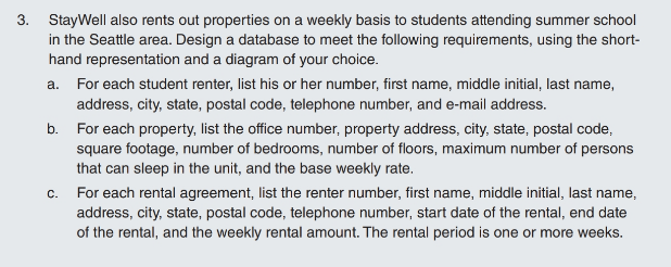 3. StayWell also rents out properties on a weekly basis to students attending summer school
in the Seattle area. Design a database to meet the following requirements, using the short-
hand representation and a diagram of your choice.
a.
For each student renter, list his or her number, first name, middle initial, last name,
address, city, state, postal code, telephone number, and e-mail address.
b.
For each property, list the office number, property address, city, state, postal code,
square footage, number of bedrooms, number of floors, maximum number of persons
that can sleep in the unit, and the base weekly rate.
C.
For each rental agreement, list the renter number, first name, middle initial, last name,
address, city, state, postal code, telephone number, start date of the rental, end date
of the rental, and the weekly rental amount. The rental period is one or more weeks.