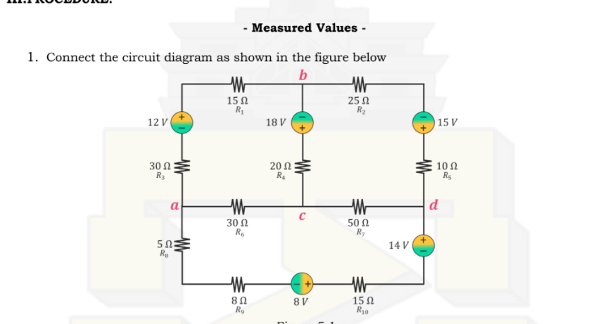 - Measured Values -
1. Connect the circuit diagram as shown in the figure below
b
25 N
R2
15 0
12 V
18 V
15 V
30 Ω
R3
20 Ω
R4
10 Ω
R5
a
|d
30 2
Ro
50 Ω
R,
50:
R
14 V
8Ω
Ro
15 Ω
R10
8 V
