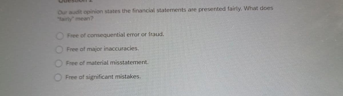 Our audit opinion states the financial statements are presented fairly. What does
"fairly" mean?
Free of consequential error or fraud.
Free of major inaccuracies.
Free of material misstatement.
Free of significant mistakes.