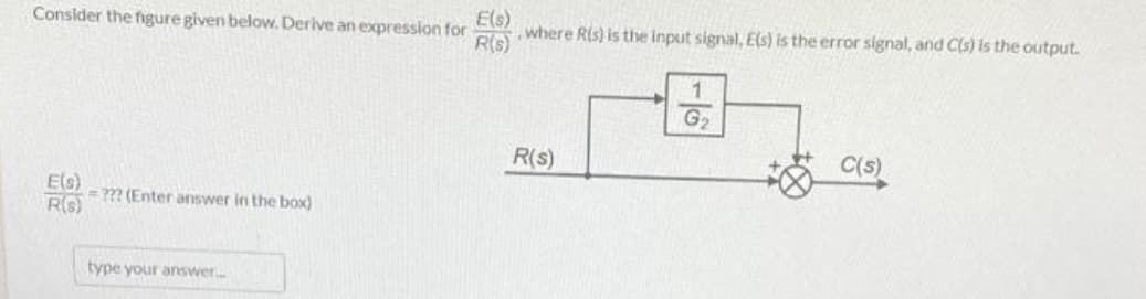 Consider the figure given below. Derive an expression for E(S), where Ris) is the input signal, E(s) is the error signal, and C(s) is the output.
R(S)
1
G₂
R(s)
C(5)
E(s)
=??? (Enter answer in the box)
R(S)
type your answer.....