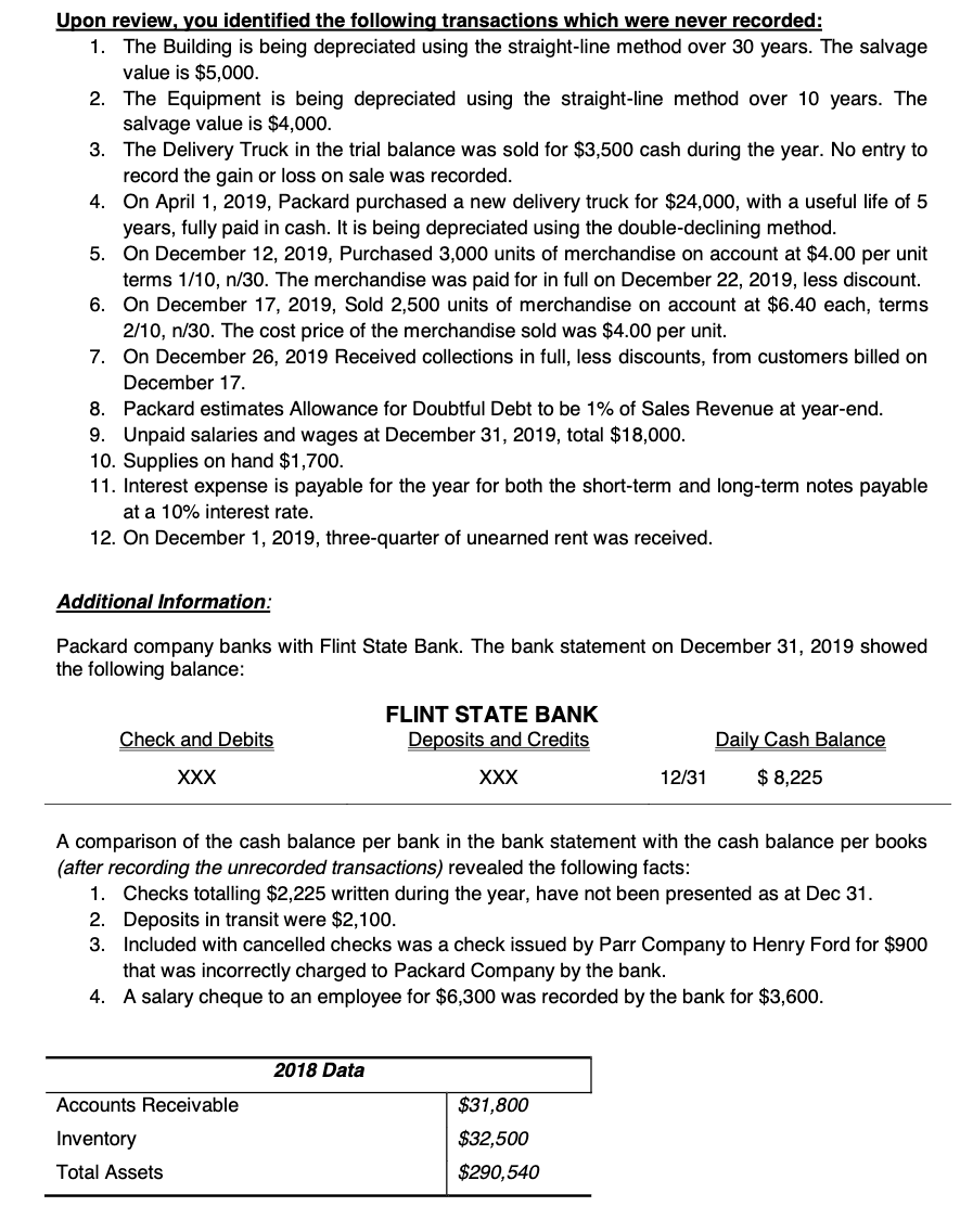 Upon review, you identified the following transactions which were never recorded:
1. The Building is being depreciated using the straight-line method over 30 years. The salvage
value is $5,000.
2. The Equipment is being depreciated using the straight-line method over 10 years. The
salvage value is $4,000.
3. The Delivery Truck in the trial balance was sold for $3,500 cash during the year. No entry to
record the gain or loss on sale was recorded.
4. On April 1, 2019, Packard purchased a new delivery truck for $24,000, with a useful life of 5
years, fully paid in cash. It is being depreciated using the double-declining method.
5. On December 12, 2019, Purchased 3,000 units of merchandise on account at $4.00 per unit
terms 1/10, n/30. The merchandise was paid for in full on December 22, 2019, less discount.
6. On December 17, 2019, Sold 2,500 units of merchandise on account at $6.40 each, terms
2/10, n/30. The cost price of the merchandise sold was $4.00 per unit.
7. On December 26, 2019 Received collections in full, less discounts, from customers billed on
December 17.
8. Packard estimates Allowance for Doubtful Debt to be 1% of Sales Revenue at year-end.
9. Unpaid salaries and wages at December 31, 2019, total $18,000.
10. Supplies on hand $1,700.
11. Interest expense is payable for the year for both the short-term and long-term notes payable
at a 10% interest rate.
12. On December 1, 2019, three-quarter of unearned rent was received.
Additional Information:
Packard company banks with Flint State Bank. The bank statement on December 31, 2019 showed
the following balance:
FLINT STATE BANK
Check and Debits
Deposits and Credits
Daily Cash Balance
XXX
XXX
12/31
$ 8,225
A comparison of the cash balance per bank in the bank statement with the cash balance per books
(after recording the unrecorded transactions) revealed the following facts:
1. Checks totalling $2,225 written during the year, have not been presented as at Dec 31.
2. Deposits in transit were $2,100.
3. Included with cancelled checks was a check issued by Parr Company to Henry Ford for $900
that was incorrectly charged to Packard Company by the bank.
4. A salary cheque to an employee for $6,300 was recorded by the bank for $3,600.
2018 Data
Accounts Receivable
$31,800
Inventory
$32,500
Total Assets
$290,540
