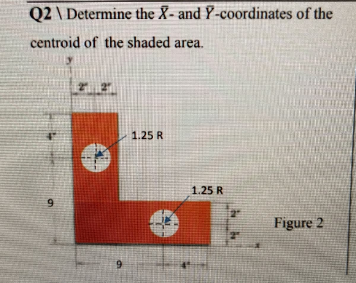 Q2 \ Determine the X- and Y-coordinates of the
centroid of the shaded area.
2"
1.25 R
1.25 R
2"
Figure 2
2"
9,
